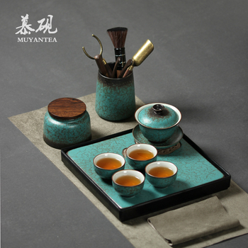 Mu Tao set Gongfu pentru ceai, stil japonez, din lemn de abanos, șase unelte, ac de ceai și clips de ceai