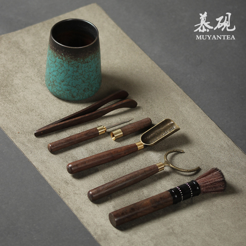 Mu Tao set Gongfu pentru ceai, stil japonez, din lemn de abanos, șase unelte, ac de ceai și clips de ceai