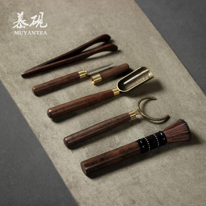 Mu Tao set Gongfu pentru ceai, stil japonez, din lemn de abanos, șase unelte, ac de ceai și clips de ceai