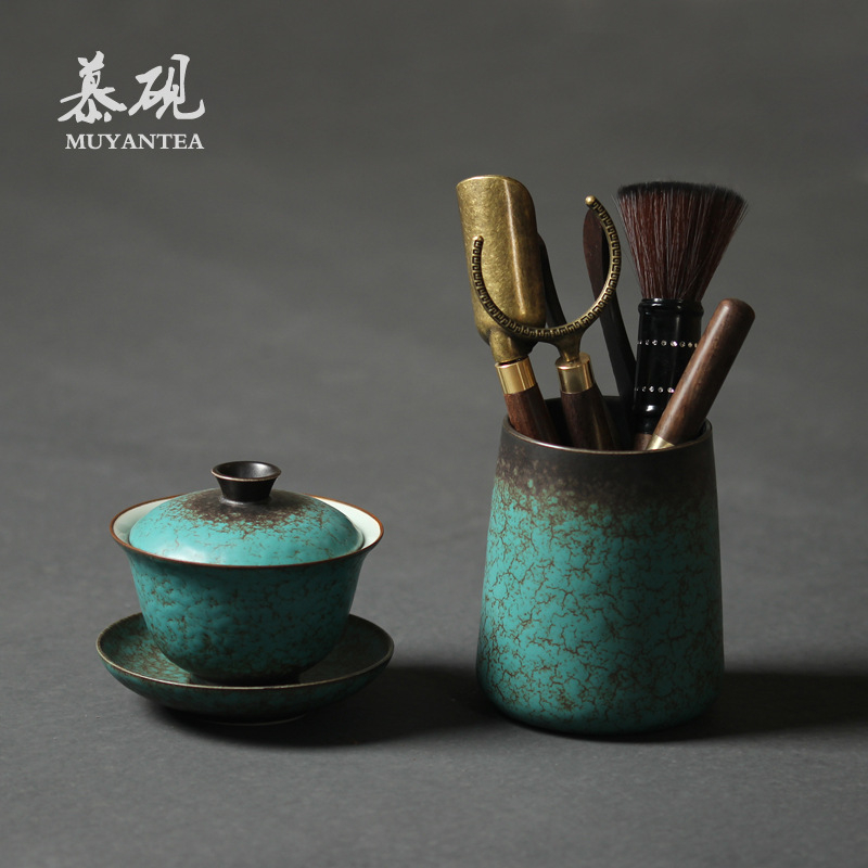 Mu Tao set Gongfu pentru ceai, stil japonez, din lemn de abanos, șase unelte, ac de ceai și clips de ceai