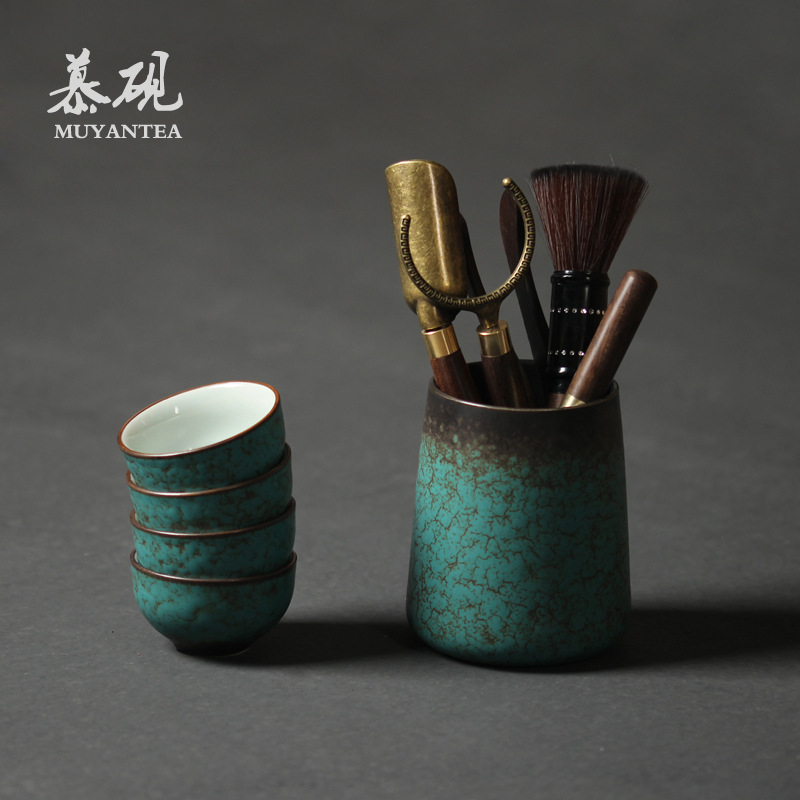 Mu Tao set Gongfu pentru ceai, stil japonez, din lemn de abanos, șase unelte, ac de ceai și clips de ceai