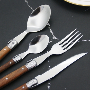 Set Laguiole cu lamă zimțată — tacâmuri occidentale cu mâner din lemn: cuțit pentru steak, furculiță, lingură, oțel inoxidabil 430