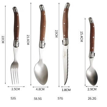 Set Laguiole cu lamă zimțată — tacâmuri occidentale cu mâner din lemn: cuțit pentru steak, furculiță, lingură, oțel inoxidabil 430