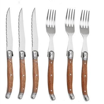 Set Laguiole cu lamă zimțată — tacâmuri occidentale cu mâner din lemn: cuțit pentru steak, furculiță, lingură, oțel inoxidabil 430