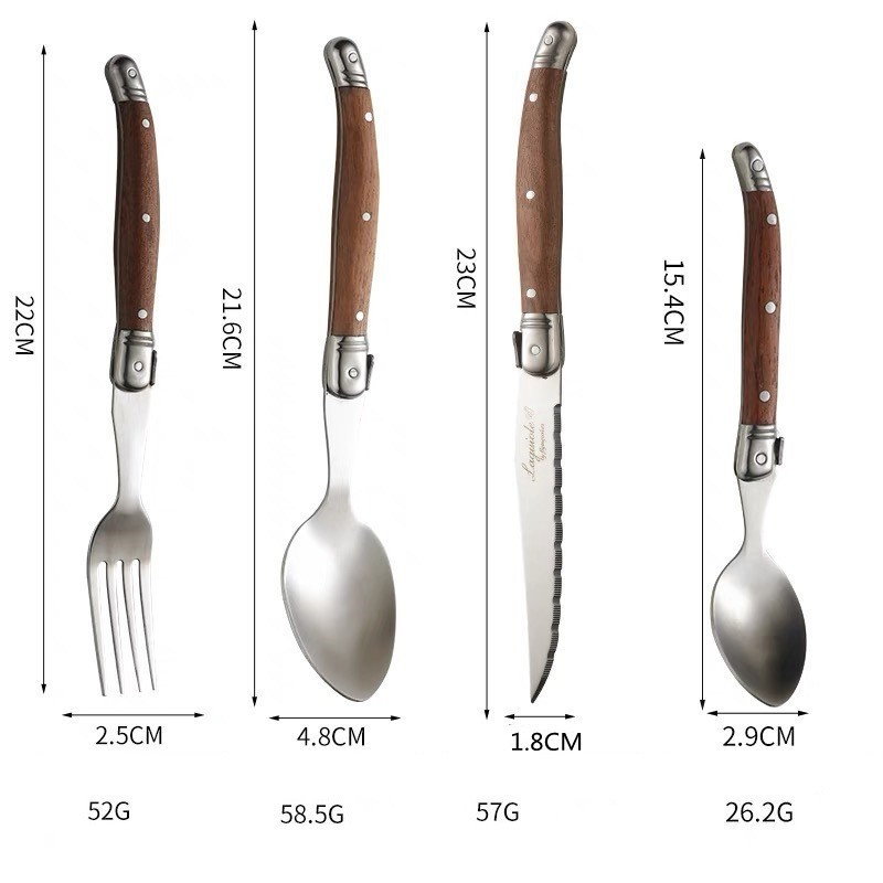 Set Laguiole cu lamă zimțată — tacâmuri occidentale cu mâner din lemn: cuțit pentru steak, furculiță, lingură, oțel inoxidabil 430
