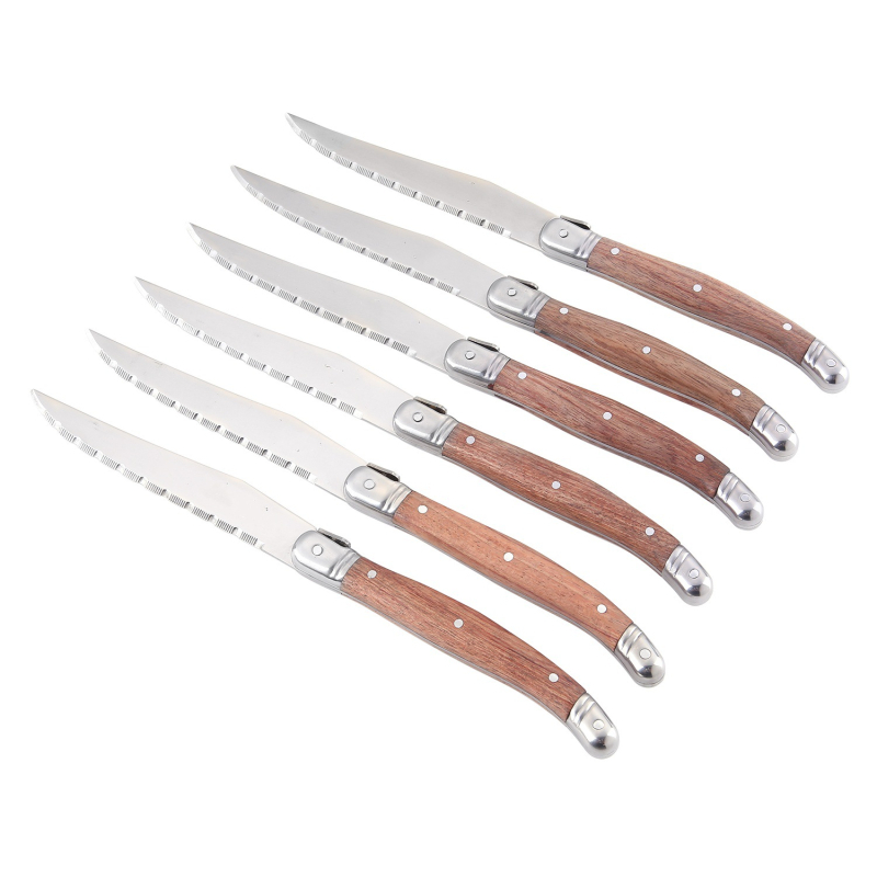 Set Laguiole cu lamă zimțată — tacâmuri occidentale cu mâner din lemn: cuțit pentru steak, furculiță, lingură, oțel inoxidabil 430