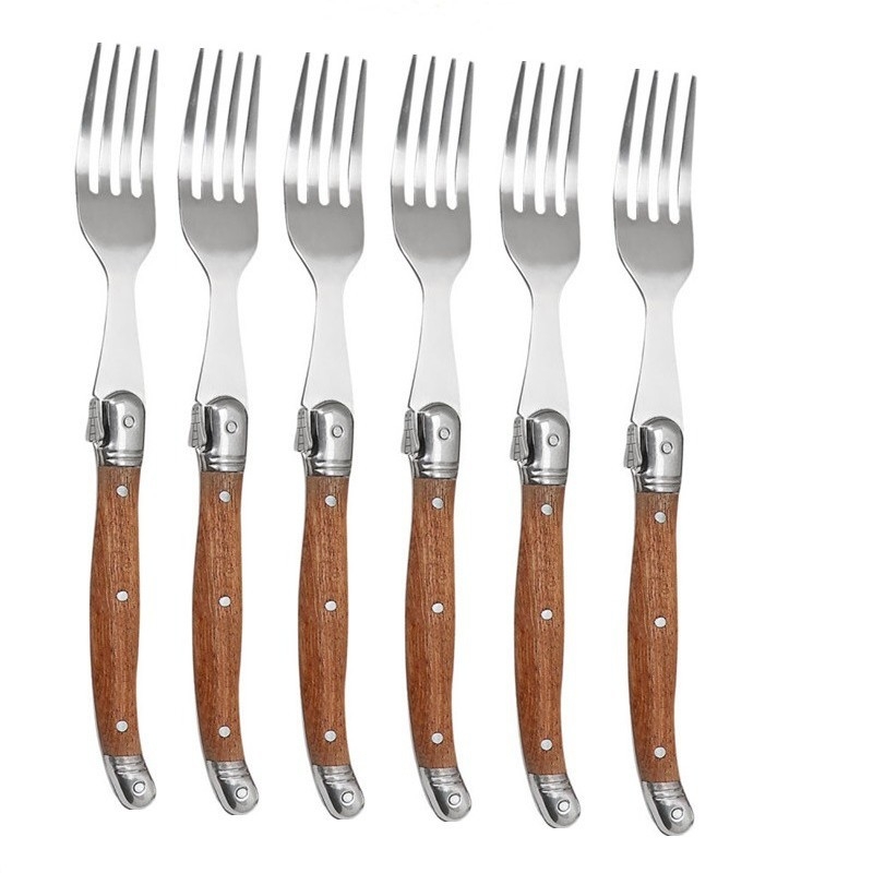 Set Laguiole cu lamă zimțată — tacâmuri occidentale cu mâner din lemn: cuțit pentru steak, furculiță, lingură, oțel inoxidabil 430