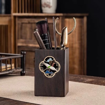 Set de ceremonie a ceaiului Six Gentlemen, din lemn de abanos, cu accesorii din cupru pentru kung fu ceai — clips pentru ceai, ac pentru ceai, linguriță pentru ceai și stilou de întreținere a ceainicului