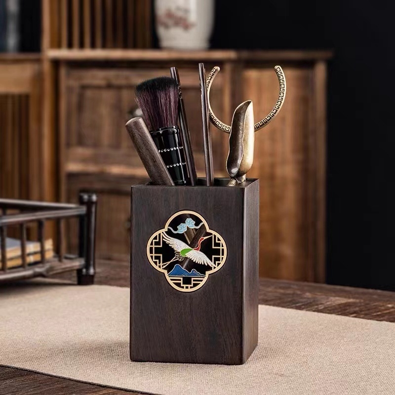 Set de ceremonie a ceaiului Six Gentlemen, din lemn de abanos, cu accesorii din cupru pentru kung fu ceai — clips pentru ceai, ac pentru ceai, linguriță pentru ceai și stilou de întreținere a ceainicului
