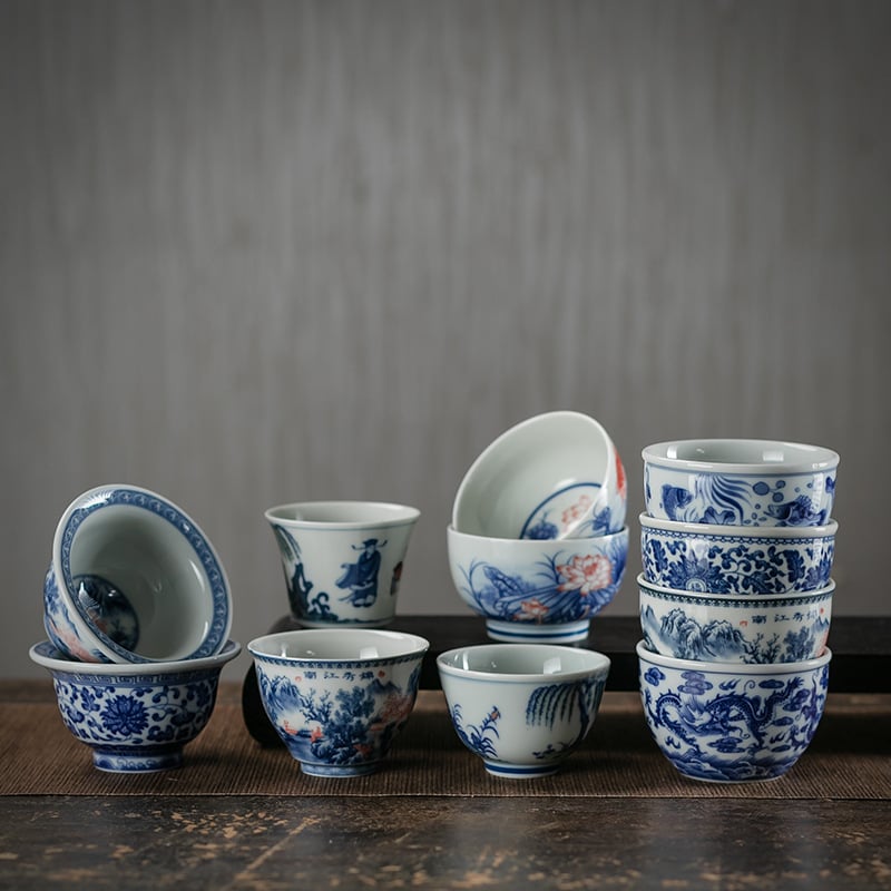 Ceșcuță de ceai ceramică bleu-albastru, stil antic, mânere retro, set Gongfu pentru ceai, ceașcă de degustare, cu posibilitatea logo-ului.
