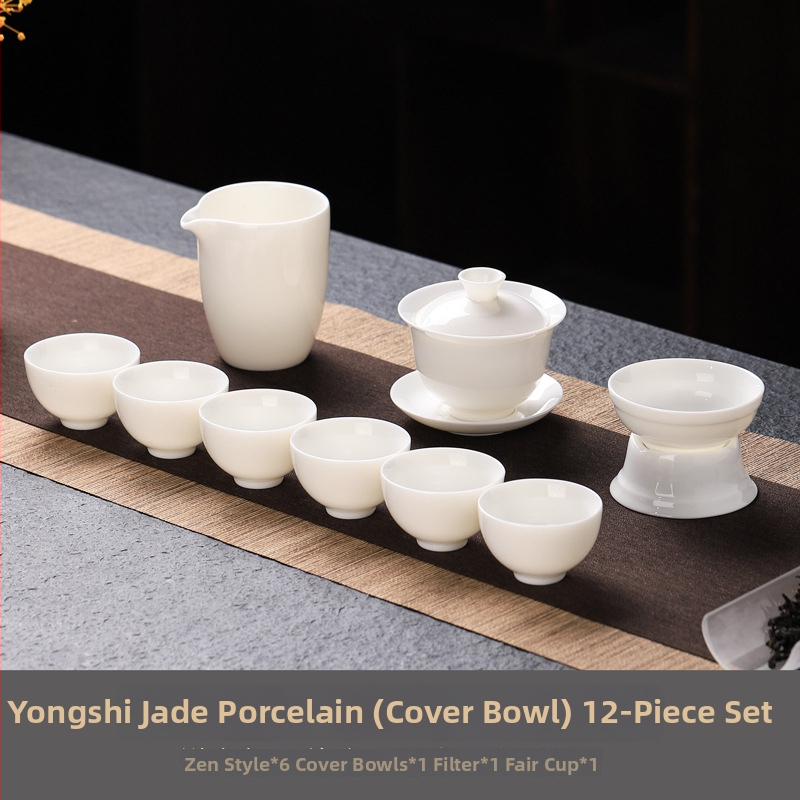 Set čajového porcelánu v bílé jade barvě Gongfu styl — kompletní set: čajník, gaiwan a šálky, přenosná dárková krabička s potiskem loga