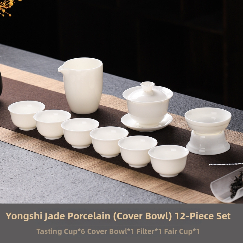 Set čajového porcelánu v bílé jade barvě Gongfu styl — kompletní set: čajník, gaiwan a šálky, přenosná dárková krabička s potiskem loga