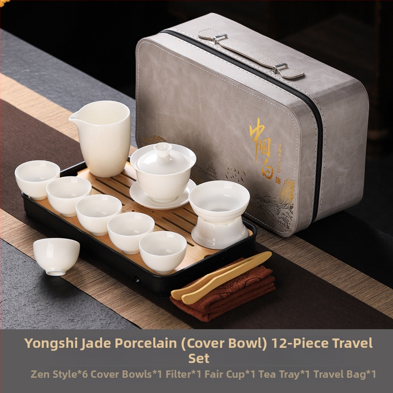 Set čajového porcelánu v bílé jade barvě Gongfu styl — kompletní set: čajník, gaiwan a šálky, přenosná dárková krabička s potiskem loga