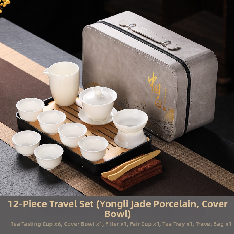 Set čajového porcelánu v bílé jade barvě Gongfu styl — kompletní set: čajník, gaiwan a šálky, přenosná dárková krabička s potiskem loga
