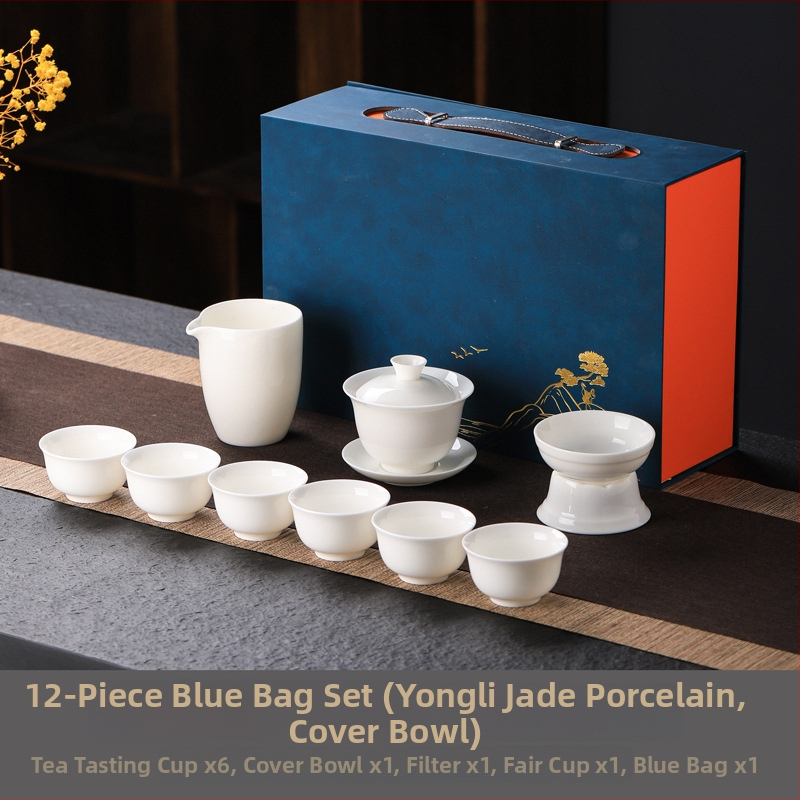 Set čajového porcelánu v bílé jade barvě Gongfu styl — kompletní set: čajník, gaiwan a šálky, přenosná dárková krabička s potiskem loga