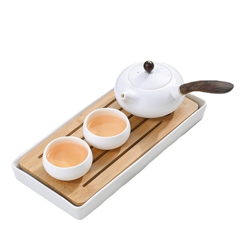 Set de ceai din porțelan alb cu ceainic cu capac, bol cu capac și tavă pentru ceai, pentru casă și camere de hotel; design elegant, lux discret, pentru 4 persoane