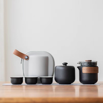 Set de ceai ceramic pentru călătorii – compact, cu oală și trei cești, stil Gongfu, pentru exterior, cadou de afaceri