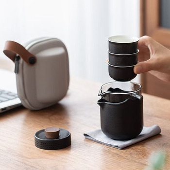 Set de ceai ceramic pentru călătorii – compact, cu oală și trei cești, stil Gongfu, pentru exterior, cadou de afaceri
