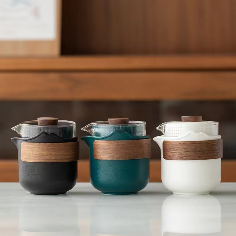 Set de ceai ceramic pentru călătorii – compact, cu oală și trei cești, stil Gongfu, pentru exterior, cadou de afaceri