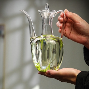 Ceainic din sticlă transparent pentru ceai verde, în stilul Dinastiei Song, cu mâner, rezistent la căldură, design retro în stilul concubinei imperiale