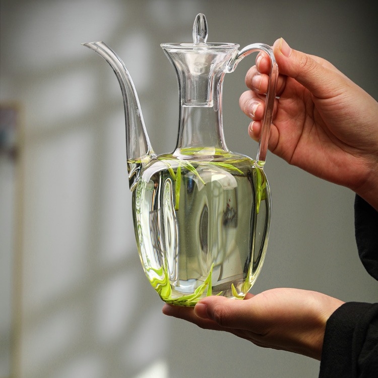 Ceainic din sticlă transparent pentru ceai verde, în stilul Dinastiei Song, cu mâner, rezistent la căldură, design retro în stilul concubinei imperiale