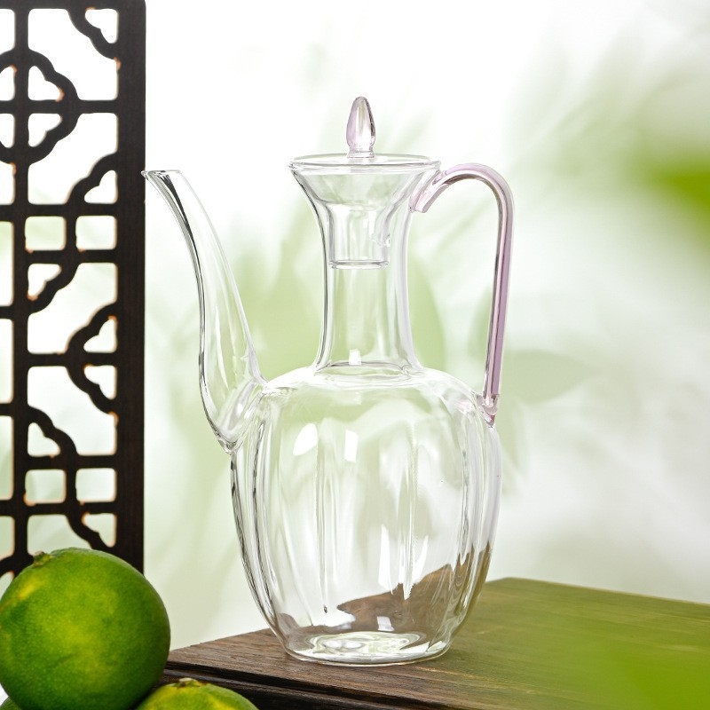 Ceainic din sticlă transparent pentru ceai verde, în stilul Dinastiei Song, cu mâner, rezistent la căldură, design retro în stilul concubinei imperiale
