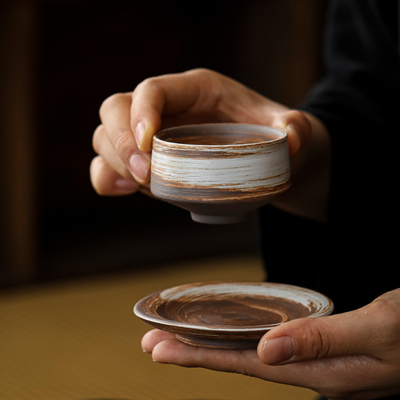 Ceainic din ceramică pietroasă în nuanțe de lut vechi, set Gongfu ceai, ceșuță și bol de ceai, ceramică inspirată de arderea pe lemn