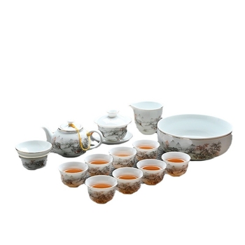 Set de ceai Gongfu din ceramică cu bol cu capac și ceainic, nuanță alb jad, cutie cadou