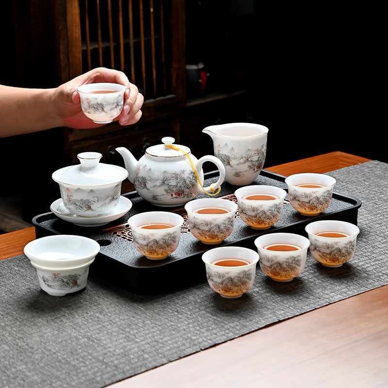 Set de ceai Gongfu din ceramică cu bol cu capac și ceainic, nuanță alb jad, cutie cadou