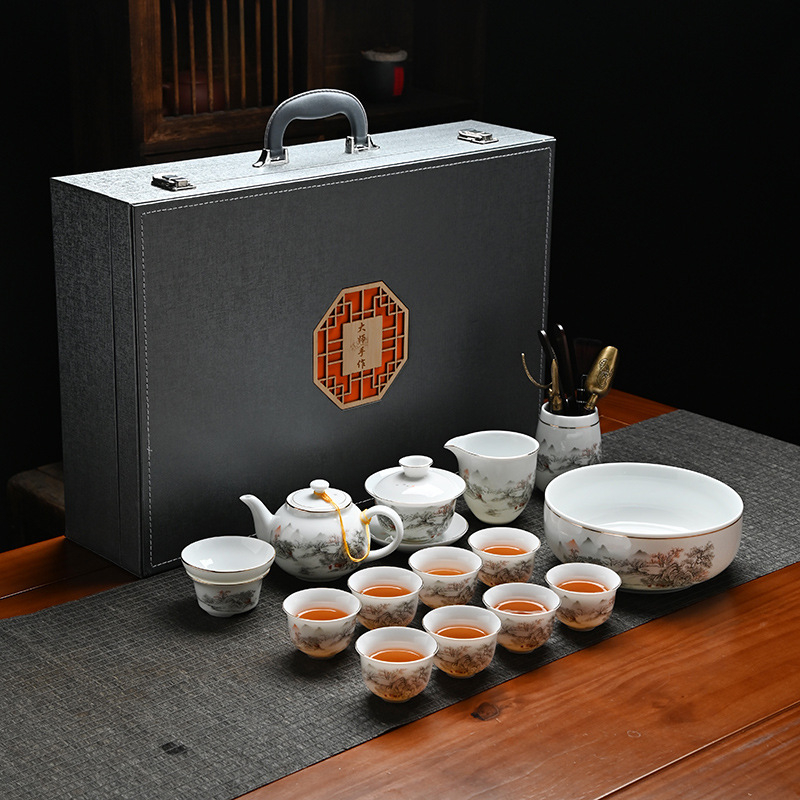 Set de ceai Gongfu din ceramică cu bol cu capac și ceainic, nuanță alb jad, cutie cadou