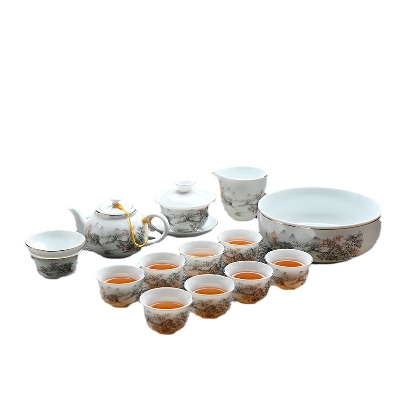 Set de ceai Gongfu din ceramică cu bol cu capac și ceainic, nuanță alb jad, cutie cadou