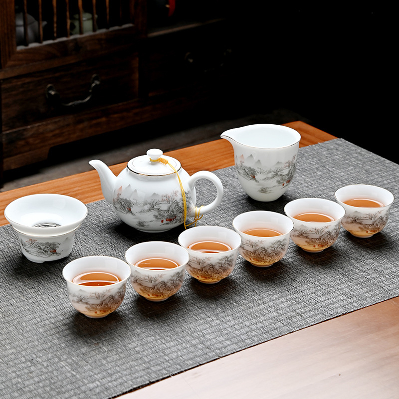Set de ceai Gongfu din ceramică cu bol cu capac și ceainic, nuanță alb jad, cutie cadou