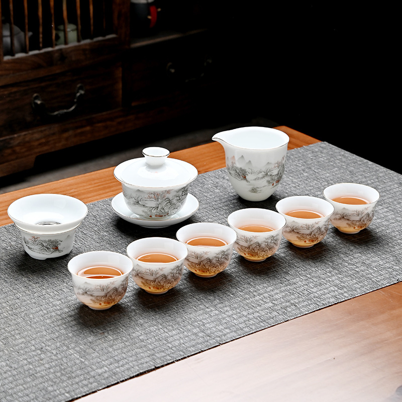 Set de ceai Gongfu din ceramică cu bol cu capac și ceainic, nuanță alb jad, cutie cadou