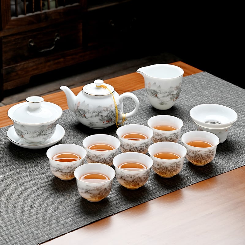 Set de ceai Gongfu din ceramică cu bol cu capac și ceainic, nuanță alb jad, cutie cadou