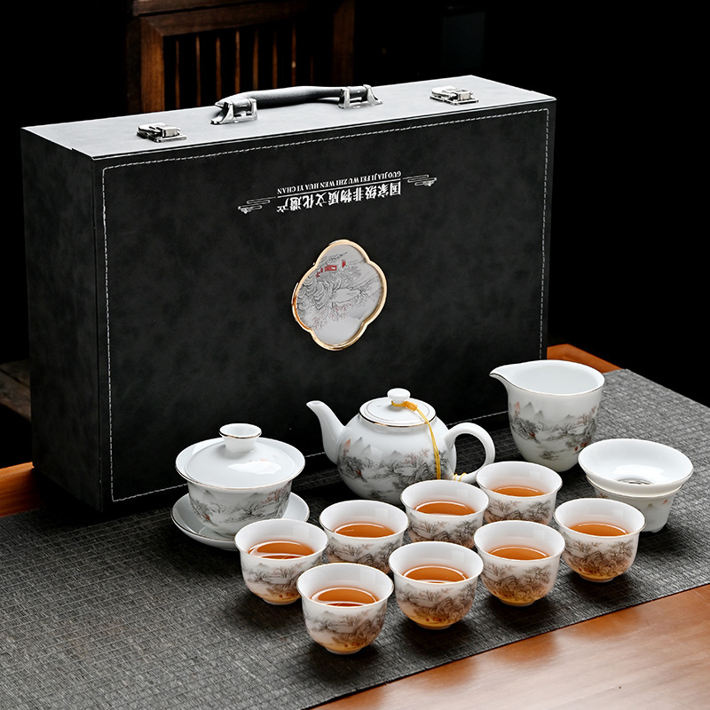 Set de ceai Gongfu din ceramică cu bol cu capac și ceainic, nuanță alb jad, cutie cadou