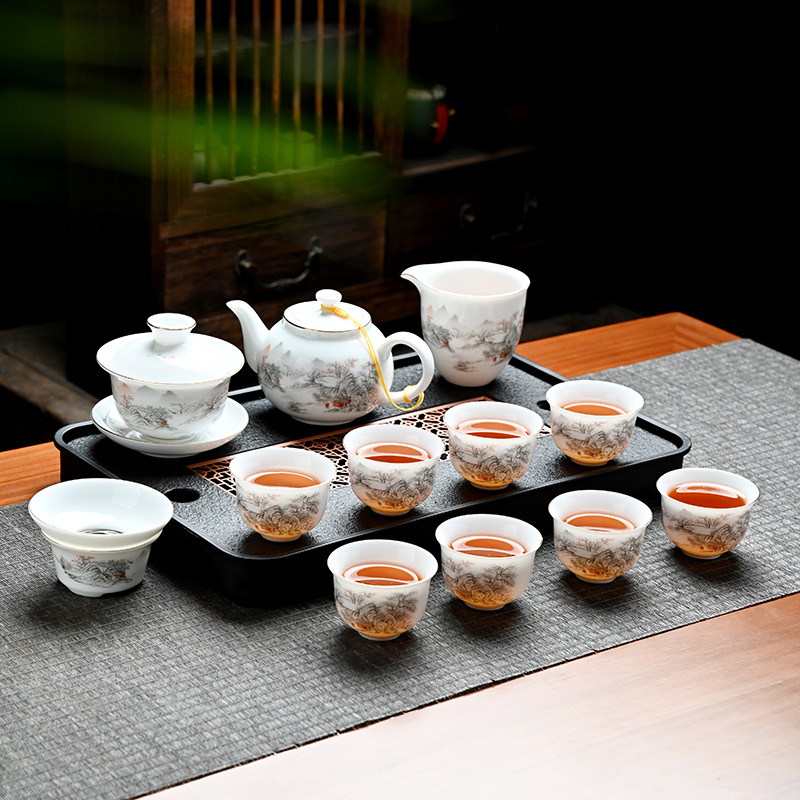 Set de ceai Gongfu din ceramică cu bol cu capac și ceainic, nuanță alb jad, cutie cadou