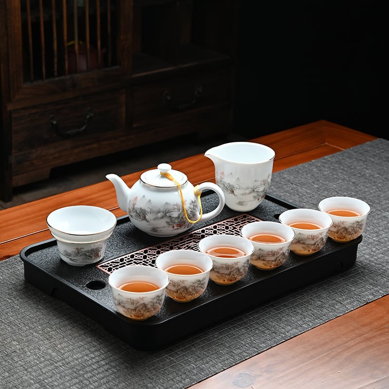 Set de ceai Gongfu din ceramică cu bol cu capac și ceainic, nuanță alb jad, cutie cadou