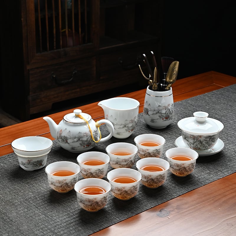 Set de ceai Gongfu din ceramică cu bol cu capac și ceainic, nuanță alb jad, cutie cadou