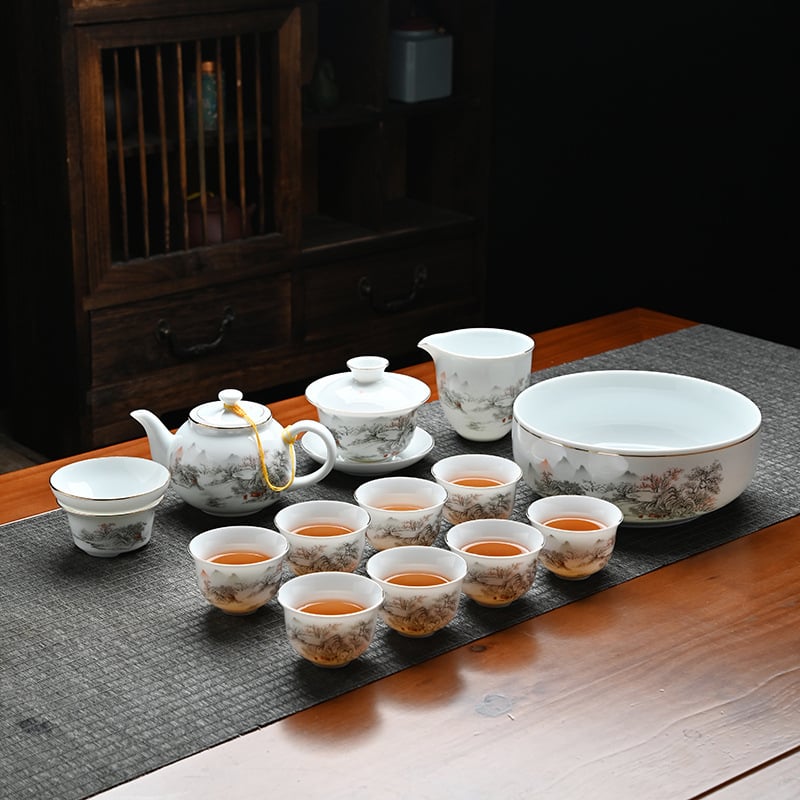 Set de ceai Gongfu din ceramică cu bol cu capac și ceainic, nuanță alb jad, cutie cadou