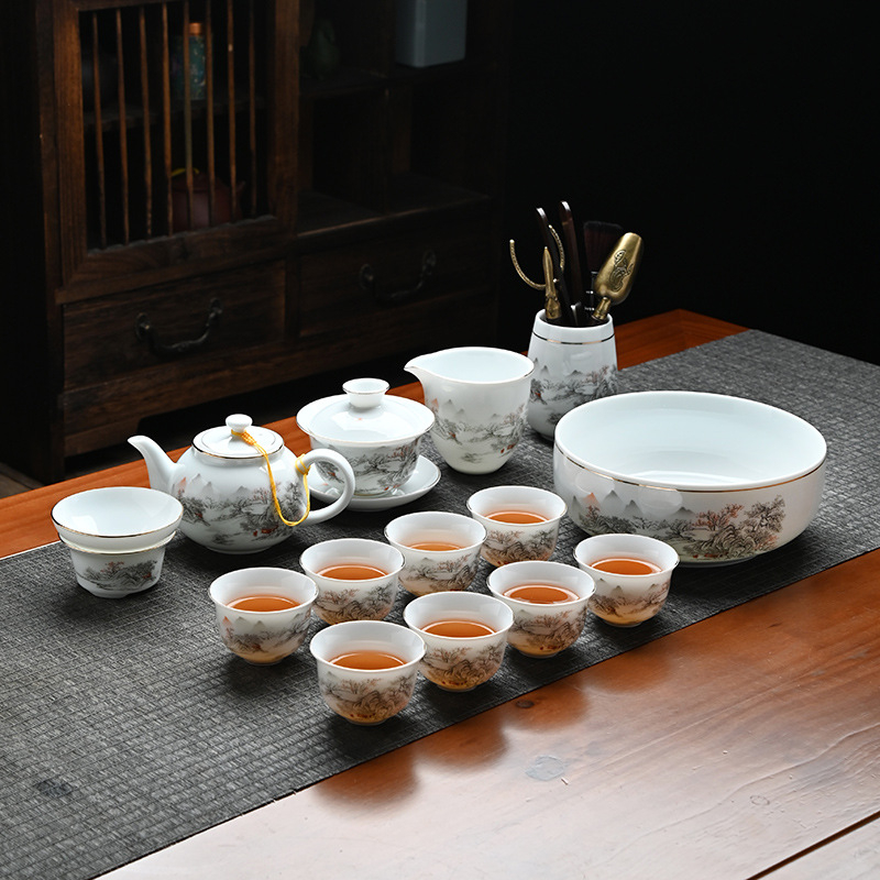 Set de ceai Gongfu din ceramică cu bol cu capac și ceainic, nuanță alb jad, cutie cadou