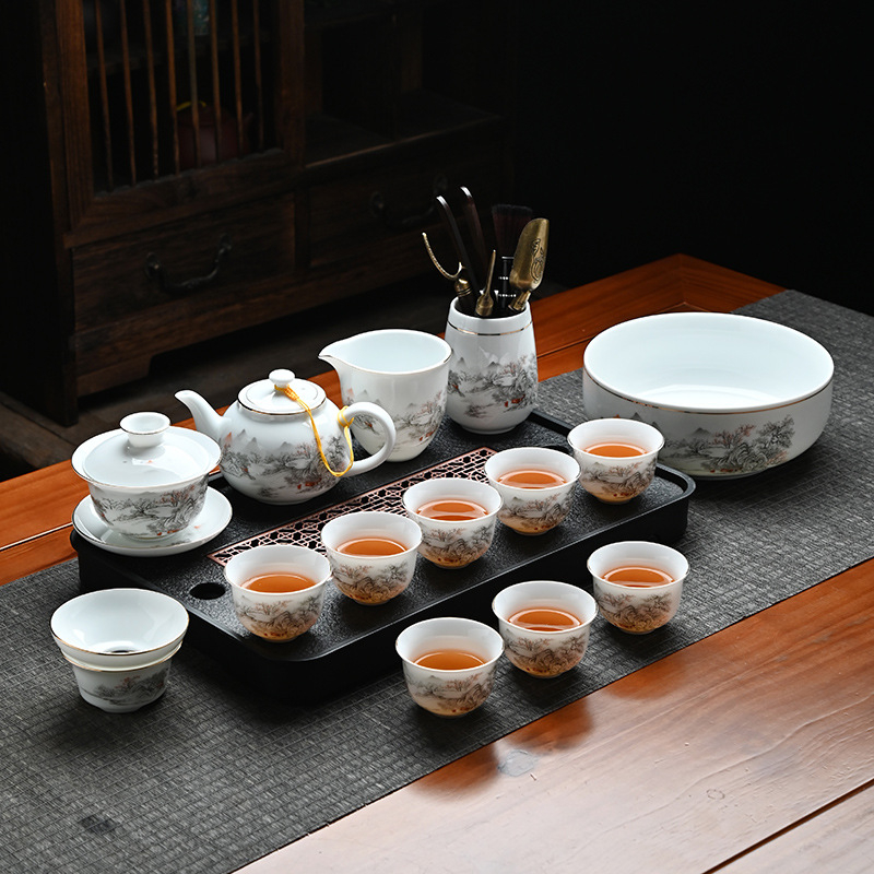 Set de ceai Gongfu din ceramică cu bol cu capac și ceainic, nuanță alb jad, cutie cadou