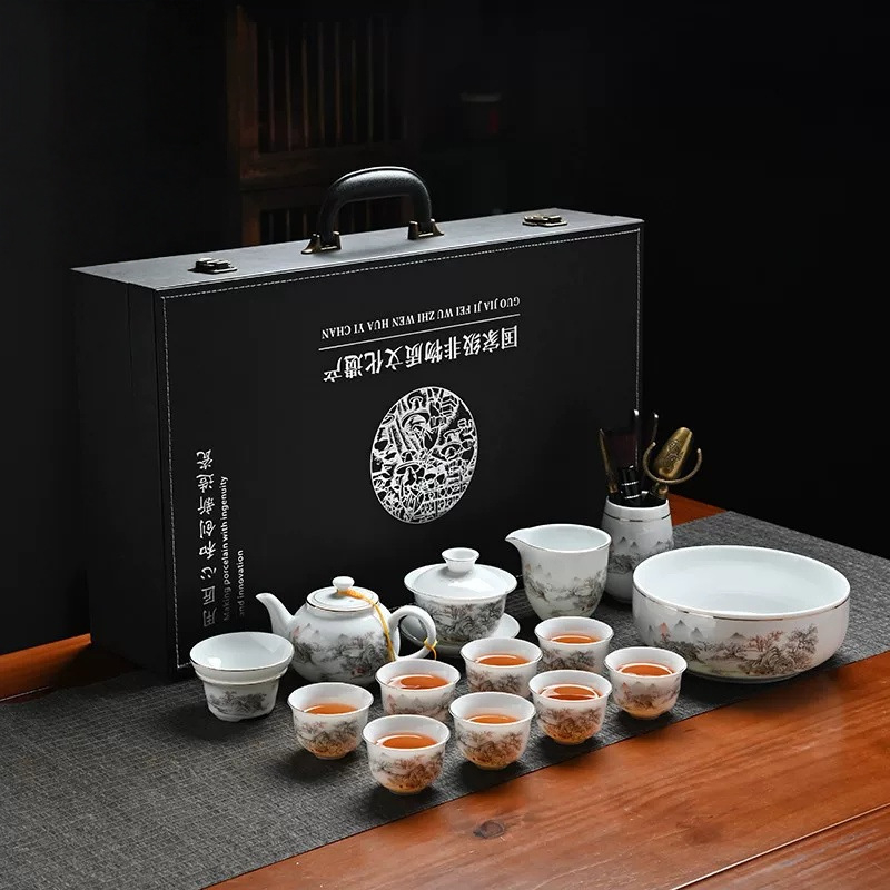 Set de ceai Gongfu din ceramică cu bol cu capac și ceainic, nuanță alb jad, cutie cadou