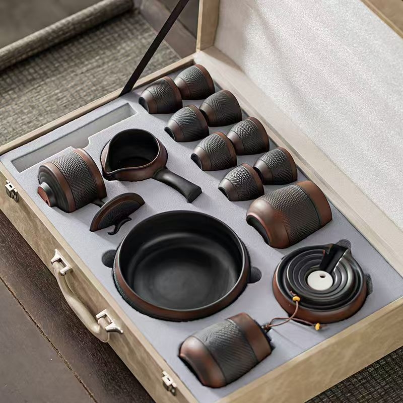 Set de ceai mov din lut cu rotație automată, ceainic cu moară de piatră, căni Kung Fu, set de ceai pentru acasă și oaspeți