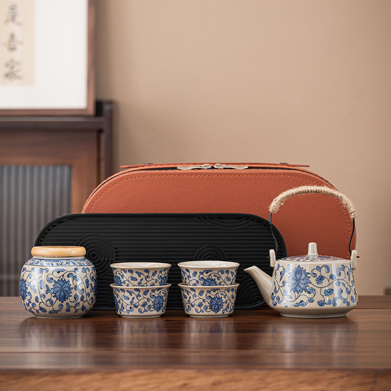 Set portabil de ceai pentru călătorii – ceainic ceramic și patru cești
