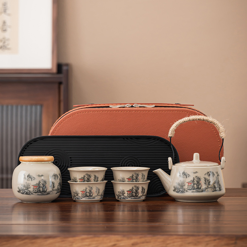Set portabil de ceai pentru călătorii – ceainic ceramic și patru cești