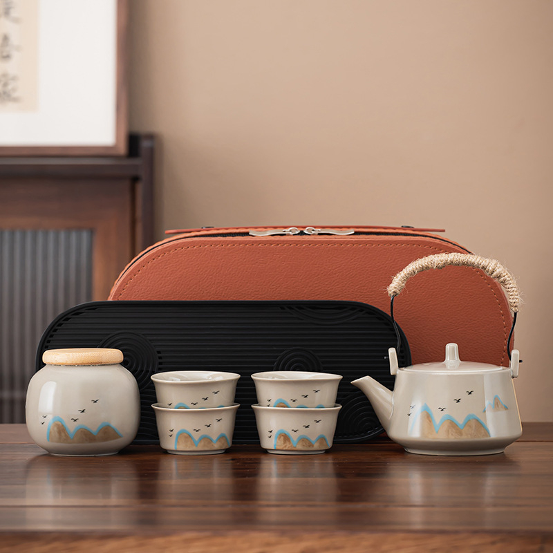 Set portabil de ceai pentru călătorii – ceainic ceramic și patru cești