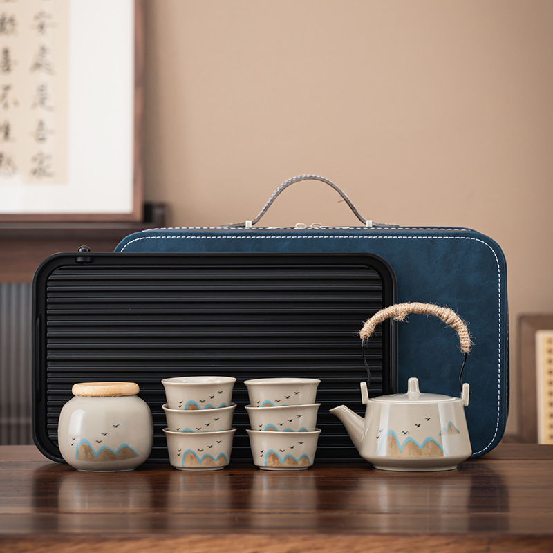 Set portabil de ceai pentru călătorii – ceainic ceramic și patru cești