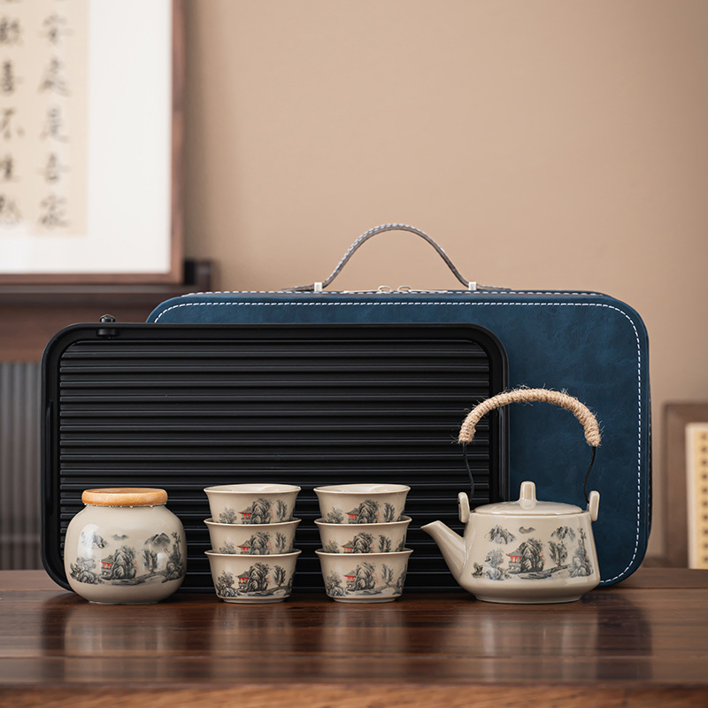 Set portabil de ceai pentru călătorii – ceainic ceramic și patru cești