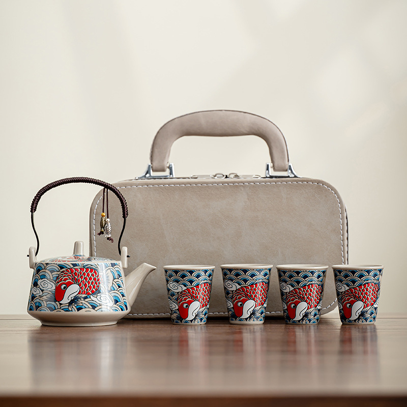 Set portabil de ceai pentru călătorii – ceainic ceramic și patru cești