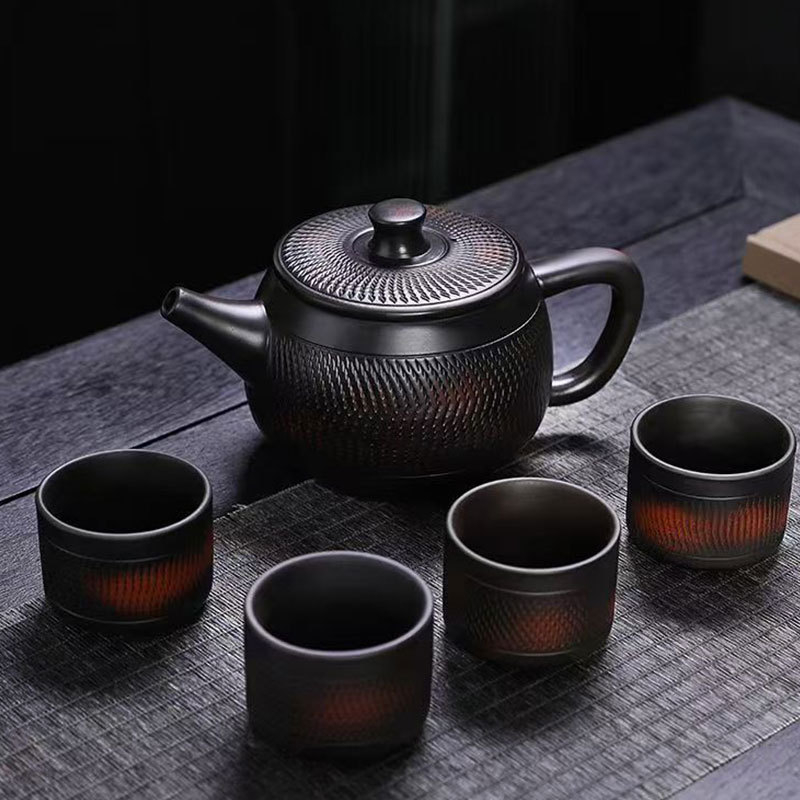 Set ceainic din ceramică mov Jianshui, complet lucrat manual, cu model cu cuțit, stil Han Tile, capacitate mare